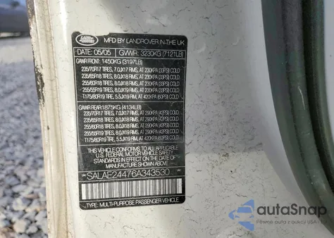 2006 Land Rover Lr3 from USA, damaged, VIN SALAE24476A343530